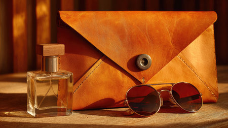 An elegant brown leather clutch rests alongside a perfume bottle and a pair of stylish sunglasses, beautifully lit by natural sunlight, creating a sophisticated still life composition.の素材