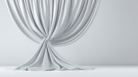 A set of elegant white curtains draped gracefully, showcasing soft texture and smooth folds. Perfect for decor, interior design, and artistic presentations.の素材