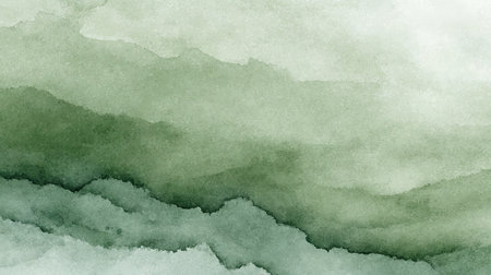 This soft green watercolor background features gentle textures and subtle gradients, perfect for creative projects, digital artwork, and design applications.の素材