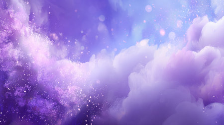 This dreamy purple cloud background features soft textures and sparkling stars, perfect for creative projects, wallpapers, and artistic compositions.の素材