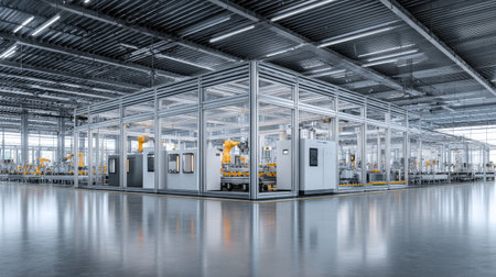 This image showcases a modern industrial factory interior featuring advanced robotic automation and high-tech machinery essential for efficient manufacturing.の素材