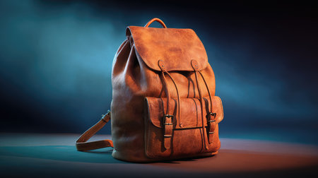 This image showcases a classic leather backpack with a rich, textured finish, artistically lit to emphasize its stylish design and versatility.の素材
