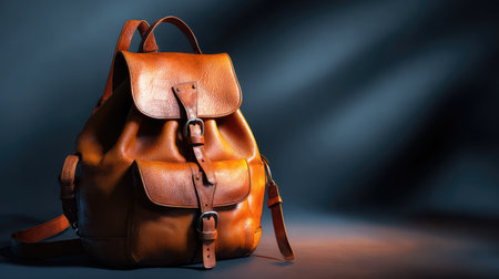 A vintage leather backpack showcases its minimalist design, accentuated by soft lighting and rich textures, perfect for travel or everyday use.の素材