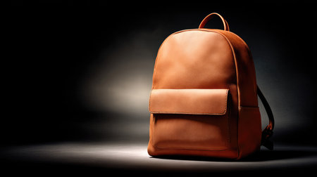 This stunning image captures a stylish brown leather backpack, showcasing the elegant texture and design under dramatic lighting against a dark background.の素材