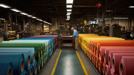 A factory interior showcasing vibrant rolls of paper in multiple colors, with a focused worker inspecting materials, highlighting the meticulous nature of manufacturing.の素材