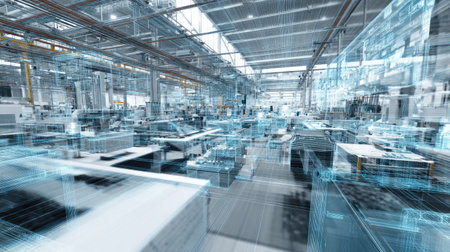 Explore a detailed visualization of a modern manufacturing facility, showcasing advanced automation and digital transformation concepts for enhanced efficiency.の素材