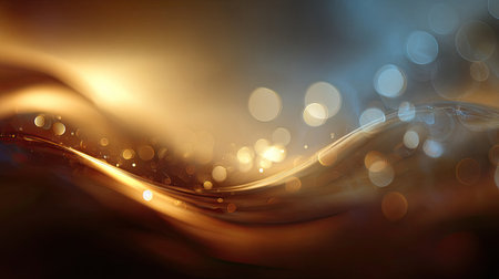 This image showcases elegant flowing waves in warm golden and cool blue tones, enhanced by soft focus bokeh effects. It creates a tranquil and artistic atmosphere.の素材