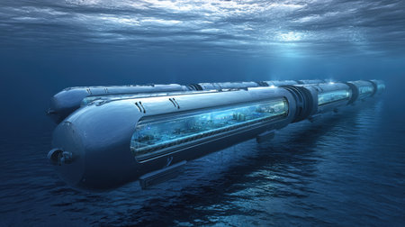 A sleek underwater research station designed for marine exploration, featuring transparent observation domes and advanced technology, surrounded by deep ocean tranquility.の素材