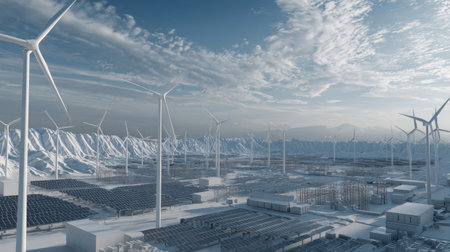 This stunning image showcases a vast renewable energy landscape featuring numerous wind turbines alongside solar panels, under a dramatic sky. The scene embodies innovation and sustainability, highlighting the essential role of renewable energy in combating climate change.の素材