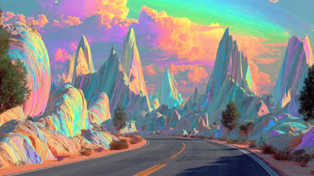 A breathtaking surreal landscape features colorful mountains and a winding road, set under a dreamy sky with vibrant pastel tones and unique formations.の素材