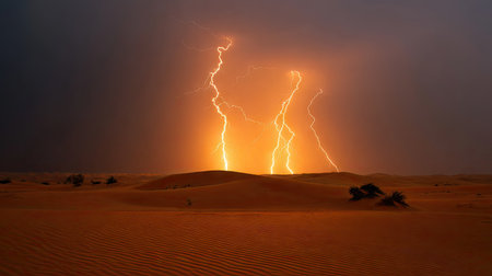 A mesmerizing desert scene showcasing a dramatic thunderstorm with striking lightning illuminating the sandy landscape, creating a powerful visual spectacle.の素材