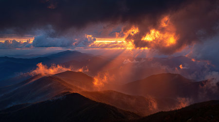 A stunning landscape captures the beauty of a sunset with vibrant orange and gold hues illuminating the dark clouds and mountain peaks.の素材