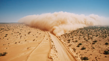 A striking aerial view of a dynamic dust storm rolling across a vast desert landscape, showcasing the interplay between arid earth and clear blue sky.の素材