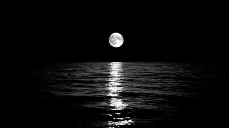 A tranquil night scene featuring a full moon illuminating the calm ocean waters. The serene reflection creates a peaceful atmosphere under a dark sky.の素材