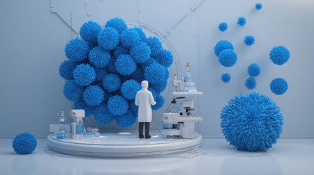 A scientist stands in a modern laboratory surrounded by vibrant blue molecular structures. The scene emphasizes research and innovation in a sterile environment.の素材