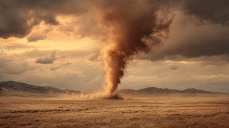 A striking view of a dust storm swirling across a vast plain, highlighted by dramatic clouds and golden sunset light. Ideal for environmental themes.の素材