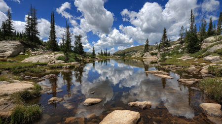 A breathtaking mountain landscape showcasing a clear reflection in calm water, surrounded by lush greenery, rocky terrain, and vibrant fluffy clouds.の素材