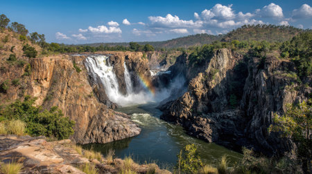 Experience the stunning beauty of a powerful waterfall cascading down rugged cliffs with a vibrant rainbow appearing amidst the mist, surrounded by lush greenery and a serene sky.の素材