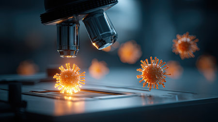 This image depicts a detailed microscopic view of viruses illuminated with an orange glow, highlighting their structure for scientific research and educational purposes.の素材