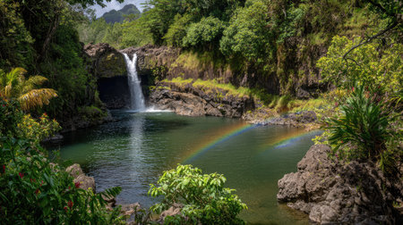A stunning nature scene captures a tranquil waterfall cascading into a clear pool, with a vibrant rainbow arching through lush tropical foliage.の素材