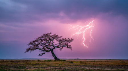 A solitary tree stands resilient against a dramatic backdrop of lightning illuminating a pinkish purple sky. The scene captures the essence of nature's power.の素材