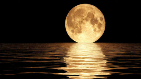 A breathtaking full moon rises over a tranquil ocean, its golden light reflecting on the water's surface, creating an enchanting and peaceful scene.の素材