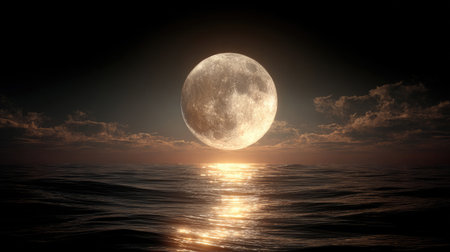 A breathtaking scene of a full moon casting a silvery glow over tranquil ocean waves, creating a serene atmosphere under a starry night sky.の素材