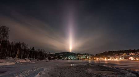 A stunning view of a winter night sky with a striking vertical beam of light illuminating a frozen lake, showcasing a calm and serene atmosphere.の素材