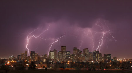 A captivating view of a lightning storm illuminating a city skyline at night, showcasing vibrant purple skies and powerful electric bursts over urban structures.の素材