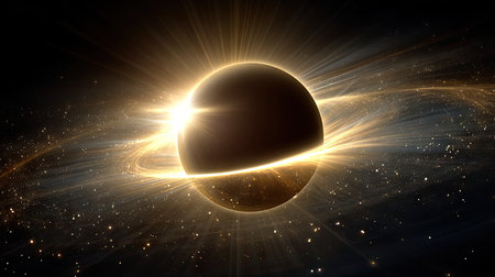 Stunning depiction of a cosmic event showcasing a bright starburst around a dark celestial sphere, set against a backdrop of twinkling stars.の素材