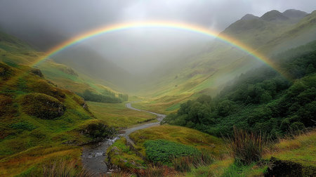 A breathtaking view of a lush green valley illuminated by a stunning rainbow arching over foggy mountains and a winding stream, creating a serene atmosphere.の素材