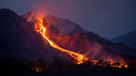 A stunning display of natural power as lava flows from a volcano, illuminating the mountainside and creating a vivid landscape under the night sky.の素材