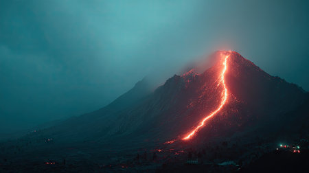 This captivating image captures a volcanic eruption with glowing lava flowing dramatically down a mountainside under a misty night sky.の素材