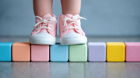 Charming image of a baby's feet in pink shoes balanced on vibrant blocks, capturing innocence and creativity in a playful indoor setting.の素材