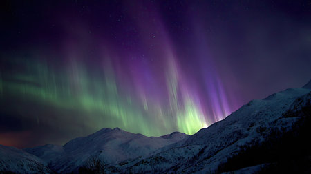 Experience the breathtaking beauty of the aurora borealis illuminating a serene snowy mountain landscape. This magical natural phenomenon captivates with vibrant colors and a starry night backdrop.の素材