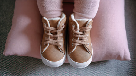 Discover a charming pair of baby shoes resting on a soft pillow, perfect for capturing the essence of early childhood fashion and comfort.の素材
