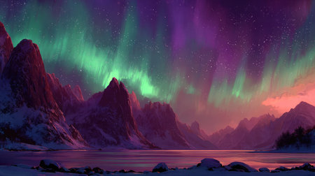 Experience a stunning view of the aurora borealis illuminating a serene snowy mountain landscape, creating a magical twilight atmosphere filled with colors.の素材