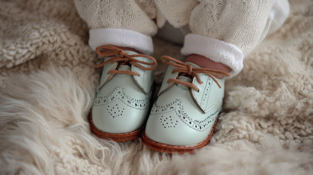 This charming image features mint green baby shoes resting on a fluffy blanket. The cozy setting highlights the soft textures and warm colors, perfect for showcasing infant fashion.の素材