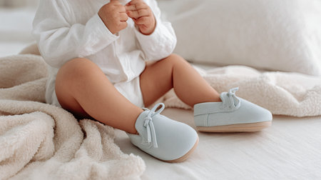 Delight in the charming scene of a child's cozy feet wearing light blue shoes while sitting on a soft fabric background, radiating warmth and innocence.の素材