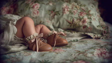 This charming image features a pair of tiny baby feet adorned in vintage-style brown leather shoes. Set against a softly textured floral bedspread, the scene evokes a sense of warmth and innocence, perfect for evoking feelings of childhood and home.の素材