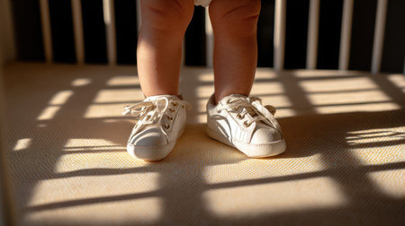 This charming image features a baby standing in white sneakers, casting playful shadows on a soft surface, beautifully illuminated by morning light.の素材