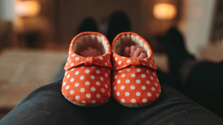Adorable orange polka dot baby slippers resting on a person's lap, creating a warm atmosphere. Perfect snapshot of family love and cozy moments.の素材