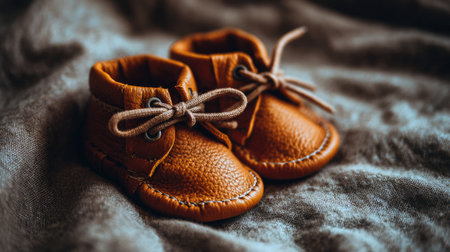 This charming image showcases a pair of brown leather baby shoes placed on a soft fabric backdrop, evoking warmth and cuteness perfect for baby fashion themes.の素材