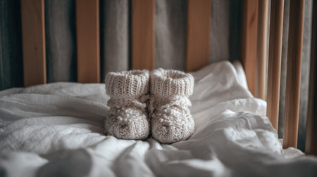 A pair of cozy knitted baby booties sits on soft bedding within a wooden crib, creating a serene and nurturing atmosphere ideal for newborn photography and nursery decor.の素材