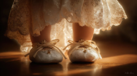 A charming and delicate close-up capturing the baby feet adorned with satin shoes and gentle ribbons, framed by a lace gown, all glowing in soft natural light.の素材