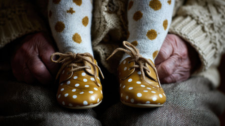 This heartwarming image features adorable baby shoes with polka dots placed snugly on cozy socks. Gentle hands of a grandparent cradle them, evoking warmth and love.の素材