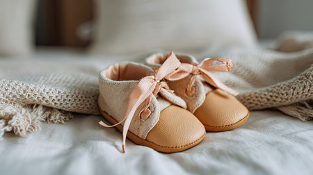 Sweet and charming infant shoes sit on a soft, neutral blanket, perfect for adding a touch of style to newborn photography or as a thoughtful gift.の素材