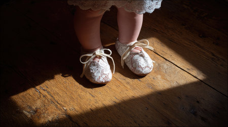 This enchanting image captures the delicate feet of a baby wearing lace shoes, resting on a warm wooden floor. Soft natural light casts gentle shadows, enhancing the cozy and nostalgic atmosphere. Perfect for evoking charm and innocence.の素材