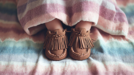 This heartwarming image features tiny baby feet adorned with soft leather moccasins, set against a colorful, textured blanket that evokes warmth and comfort.の素材