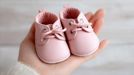 A charming pair of pink baby booties is gently cradled in a hand, showcasing soft textures and a warm atmosphere ideal for infant-themed projects.の素材